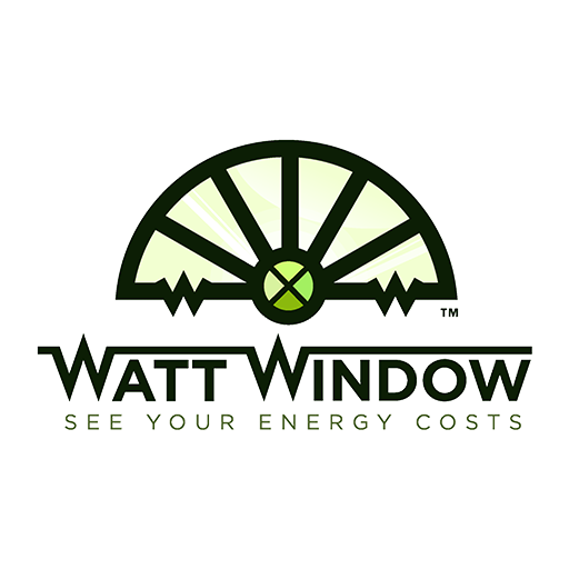 Green semi-circular gauge or window with black outline, over stylized text "Watt Window (TM) - See Your Energy Costs"