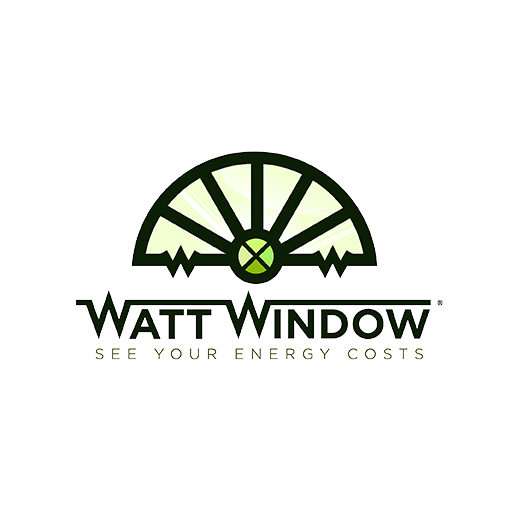 Green semi-circular gauge or window with black outline, over stylized text "Watt Window - See Your Energy Costs (R)"