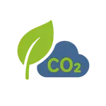 Green and blue icon of a leaf and a cloud with the word "CO2" in it