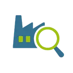 Green and blue icon of a factory and magnifying glass