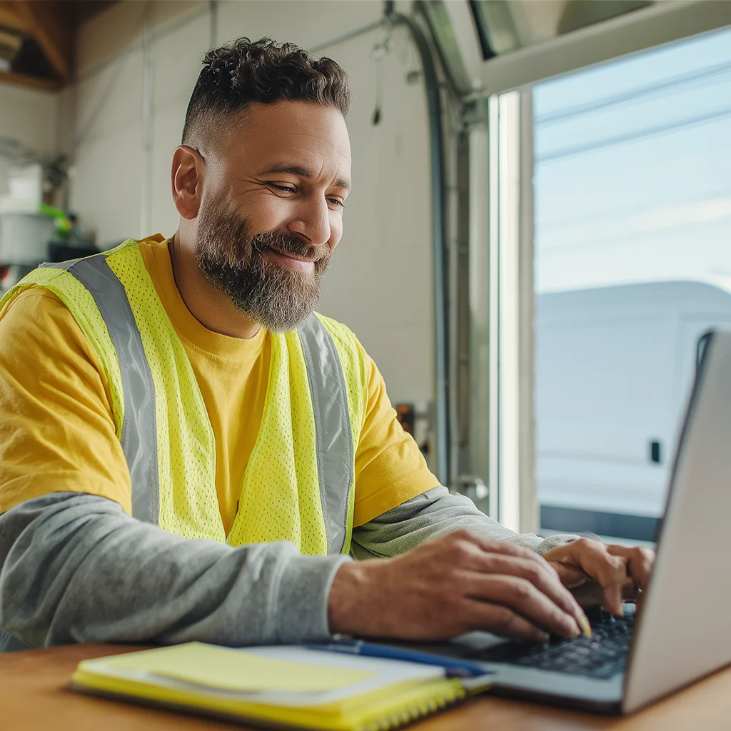 Man in factory office, happily typing on laptop