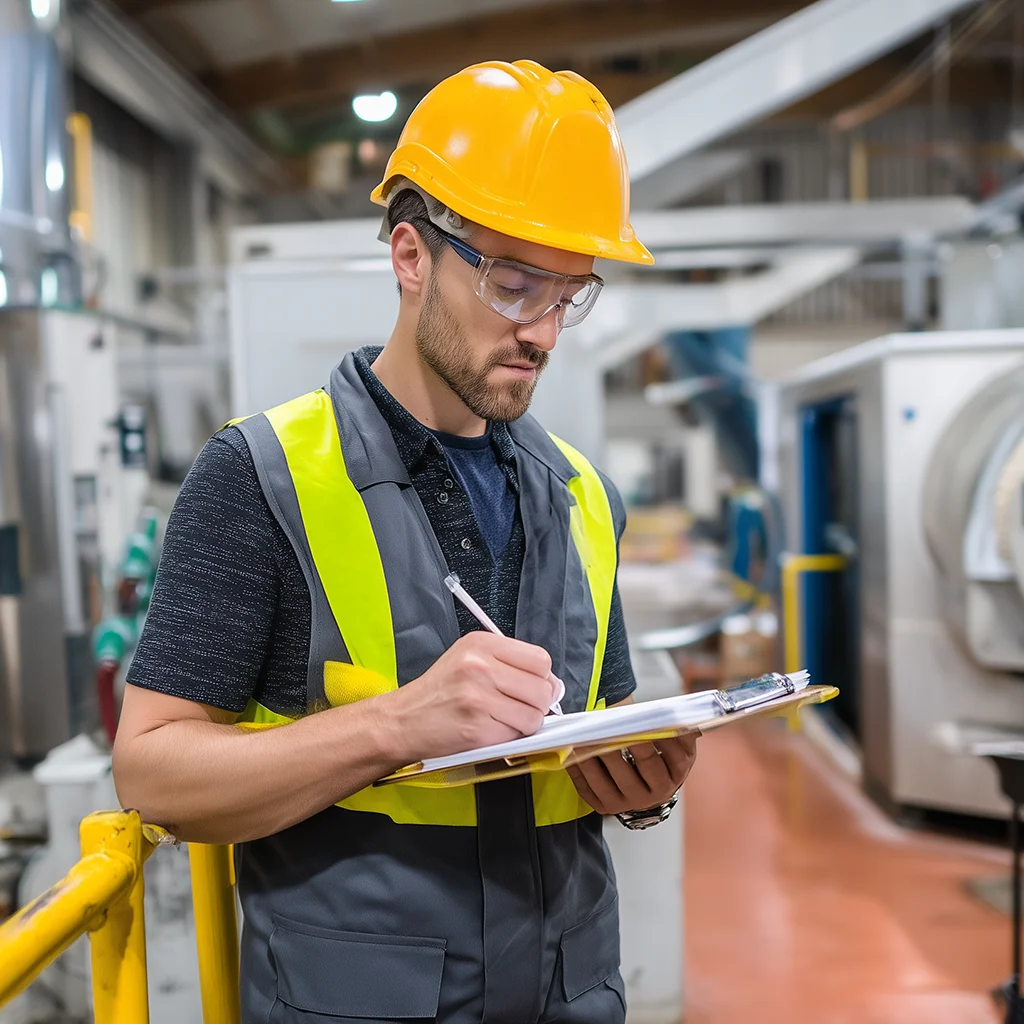 Man in factory writing on clipboard