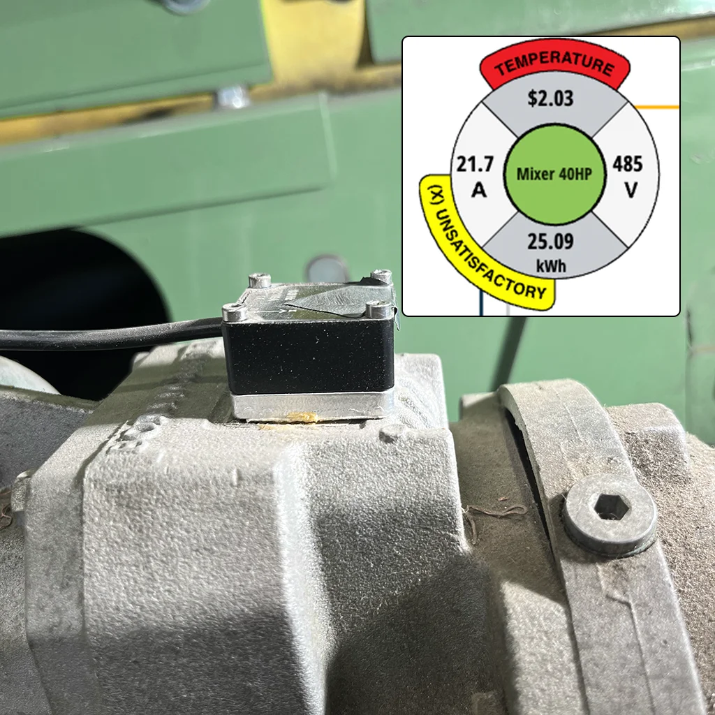 A predictive maintenance sensor mounted on a machine, with inset of predictive maintenance alert in the Watt Window(R) app