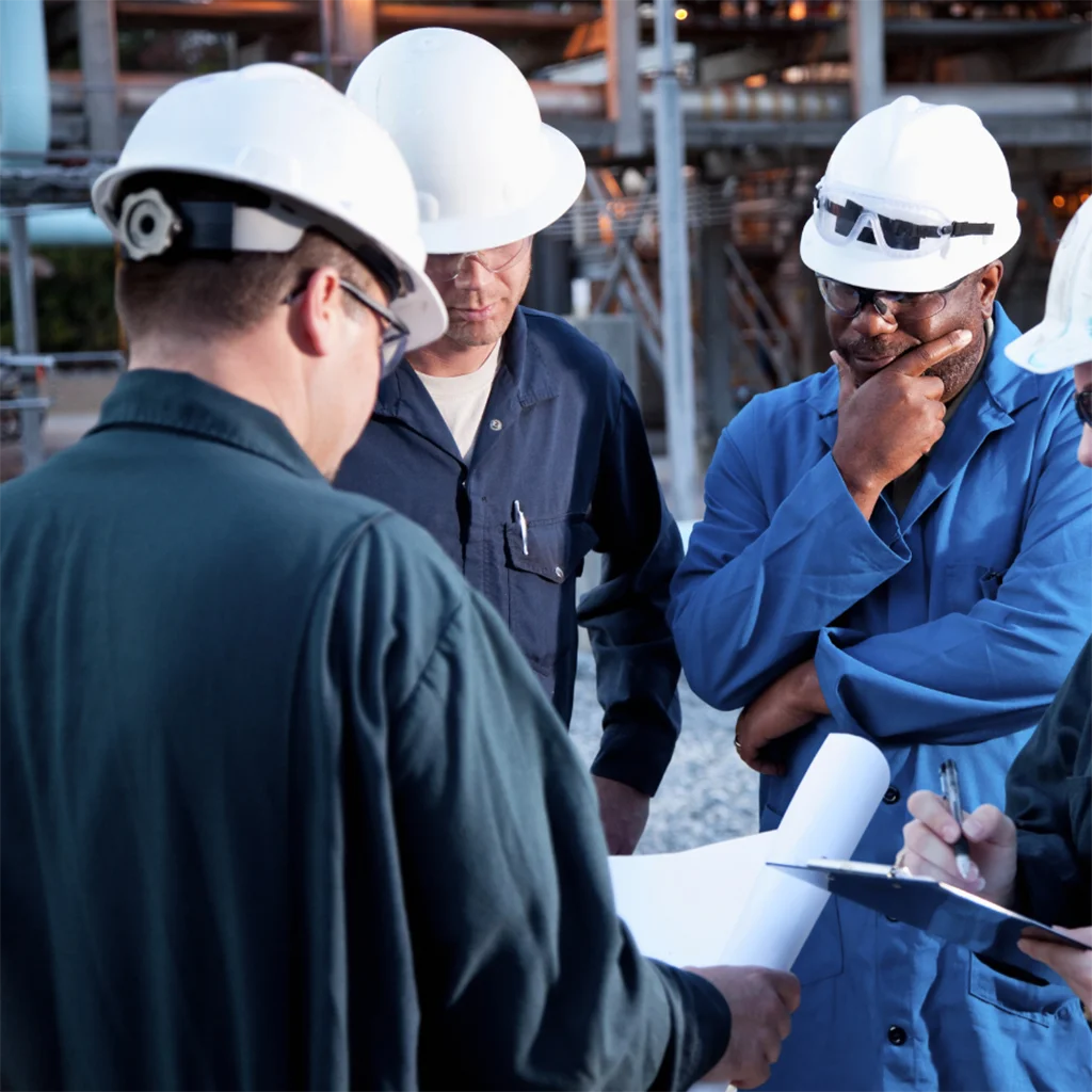 Factory team or four people reviewing production plans