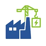 Green and blue icon of a factory in front of a crane holding a box with a lightning bolt on it