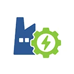 Green and blue icon of a factory and a lightning bolt super-imposed on a gear