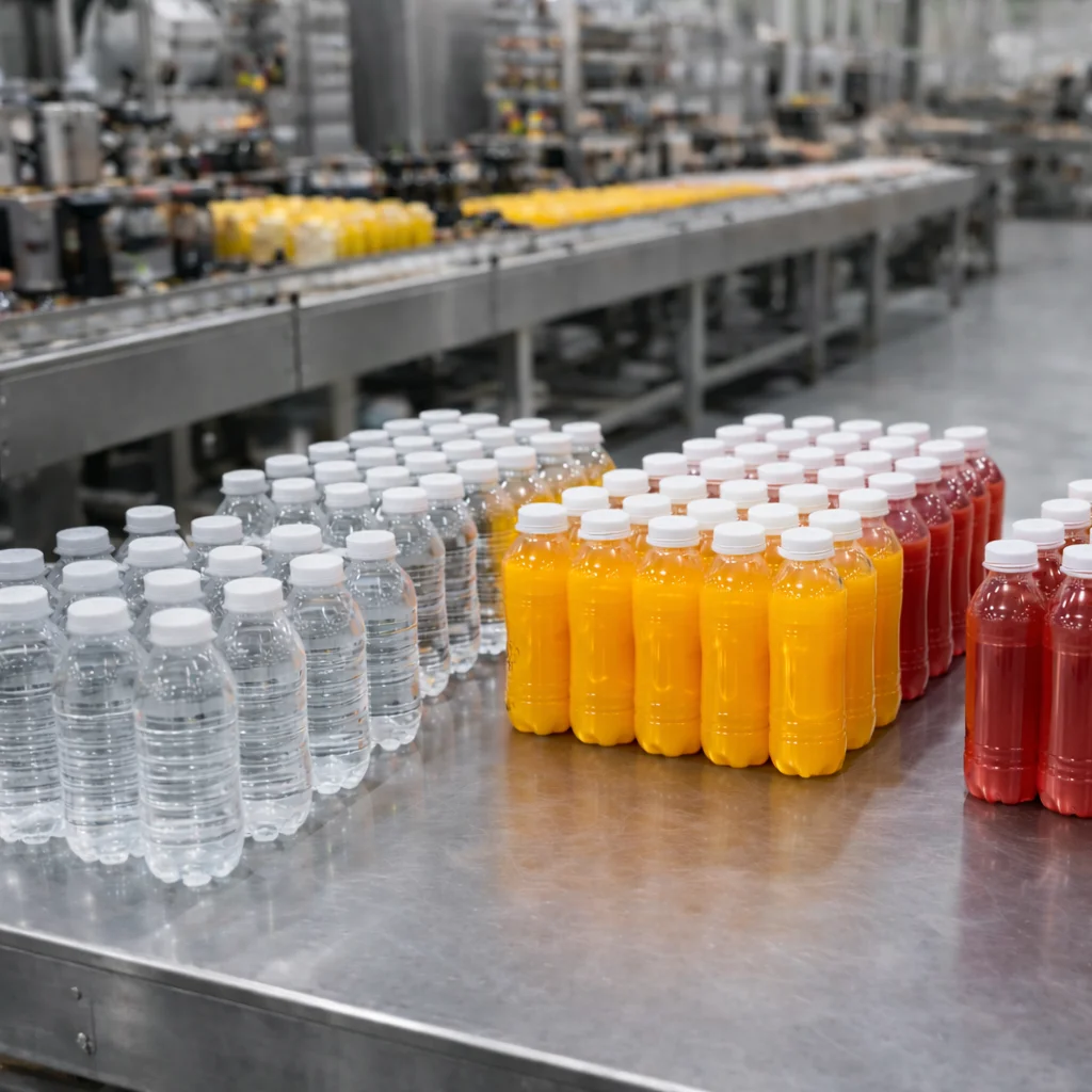 Photo of bottles of beverages arranged in production facility