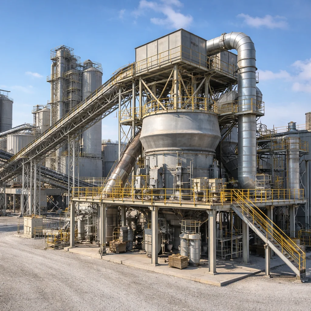 Photo of cement plant outdoors in daylight, with raw mill and conveyors