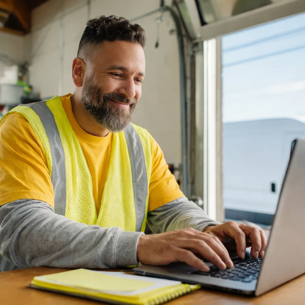 Man in factory office, happily typing on laptop
