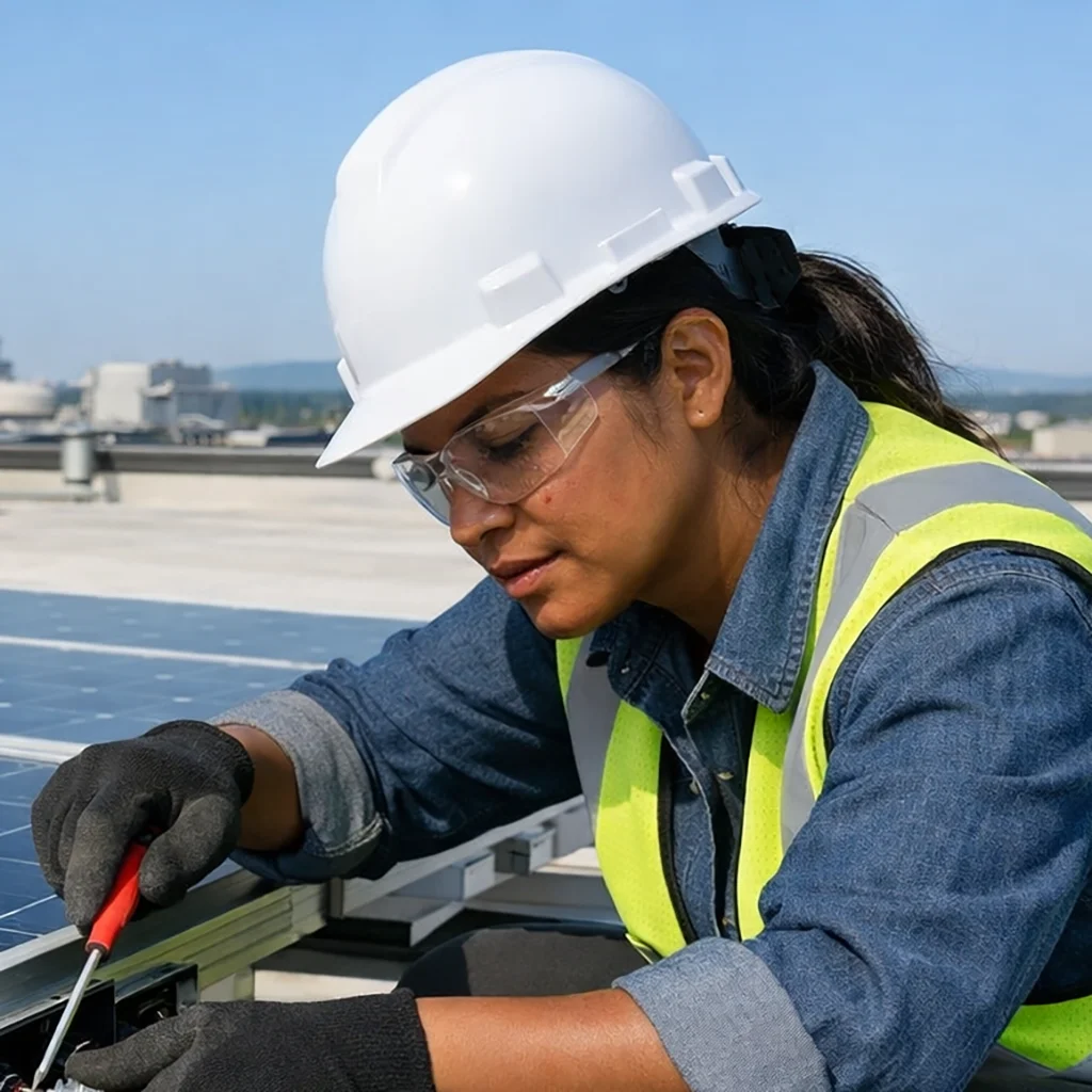 Photo of female technician installing a solar panel on a factory roof
