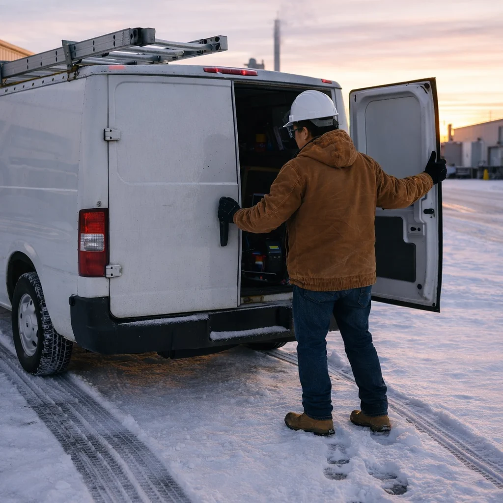 Photo of technician opening door of van outside factory in winter