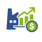 Blue and green icon of a factory, combined with a bar graph with upward facing arrow, behind a dollar symbol