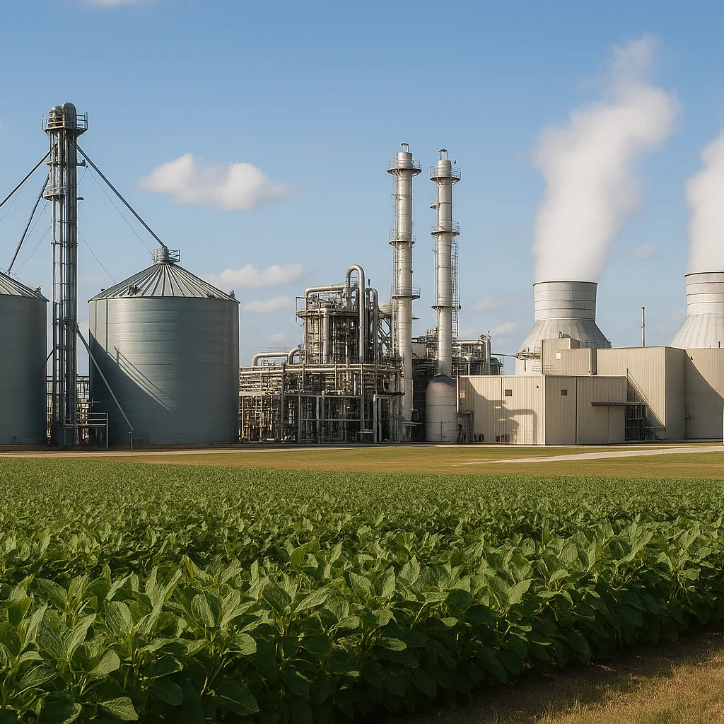 Ethanol plant behind soy beans