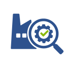 Blue and green icon of a magnifying glass showing a gear and green checkmark, over a factory
