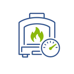 Blue and green icon of a furnace behind a gauge with needle pointing to top-right