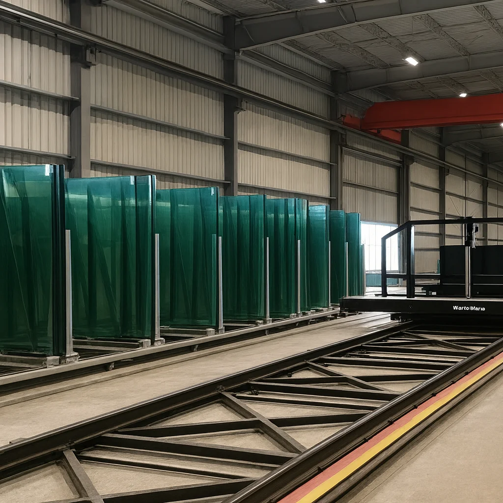 Glass-manufacturing environment with rail-guided transport equipment and stacked glass sheets