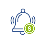 Blue icon of a ringing bell behind dollar sign in green circle