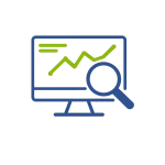 Blue and green icon of a computer screen showing a data graph, behind a magnifying lens
