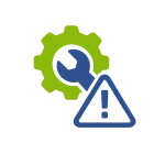Blue and green icon of a gear and wrench behind a triangular warning sign with exclamation point