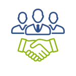Icon of shaking hands below outline of three people