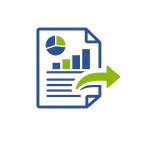 Blue-green icon of a stylized report with graphs and text, behind a curved arrow pointing right