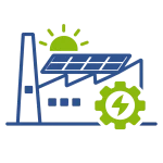 Blue and green icon of solar panels on a factory, behind a gear with stylized energy lightning bolt