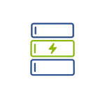 Blue and green icon of three abstract boxes. Center green box contains stylized lightning bolt