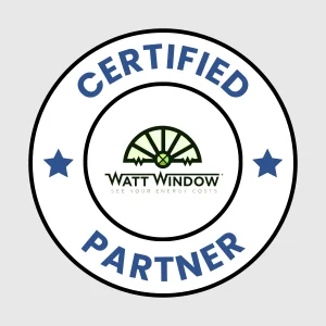 A white, circular badge stating "Certified Partner", in curved text around Watt Window logo, on grey background