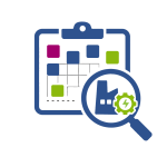 Icon of a clipboard with colorful dots and lines, behind a magnifying glass with a factory, gear, and energy bolt
