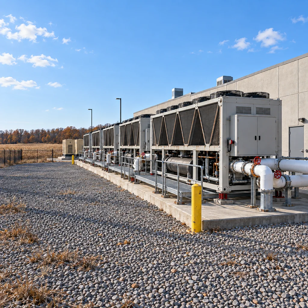 Row of air-cooled chillers and insulated chilled-water pipes outside a single-story data center in fall farmland.