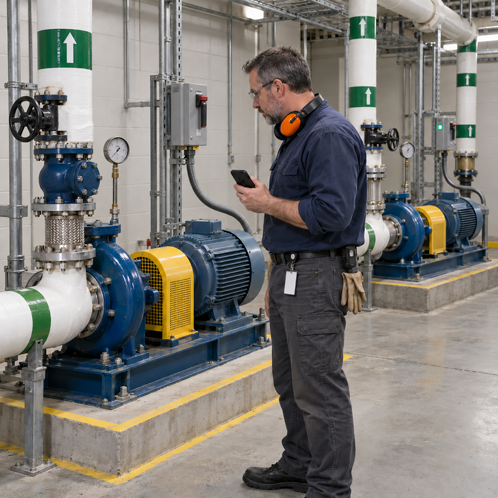 Facilities technician inspecting a standby chilled-water pump, with a running pump behind him.”